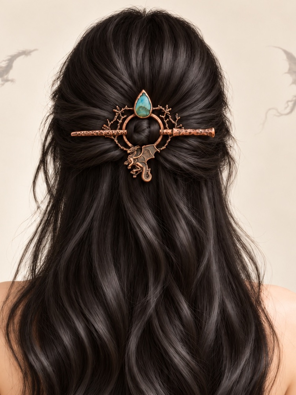 Copper Dragon Teal Stone Hair Pin
